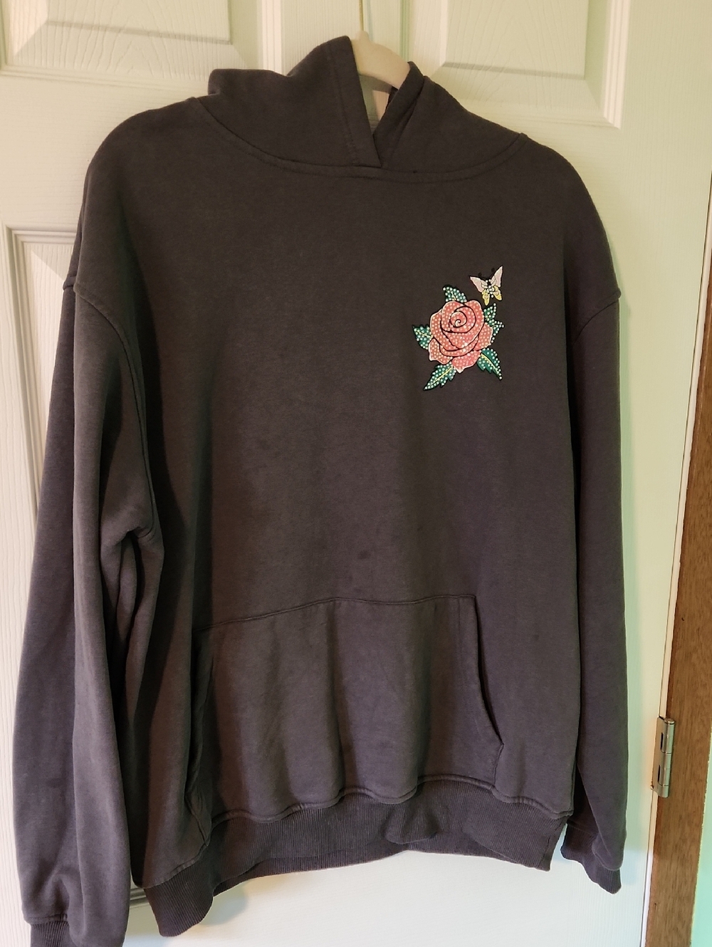 Embellished Rose Graphic Hoodie - Charcoal